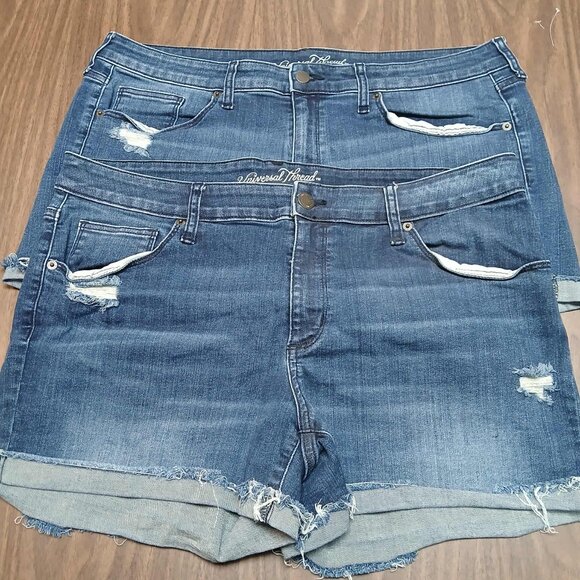 (2) Universal Thread Size 16 Mid-Rise Blue Denim Cuffed Hem distressed shorts - Picture 1 of 8